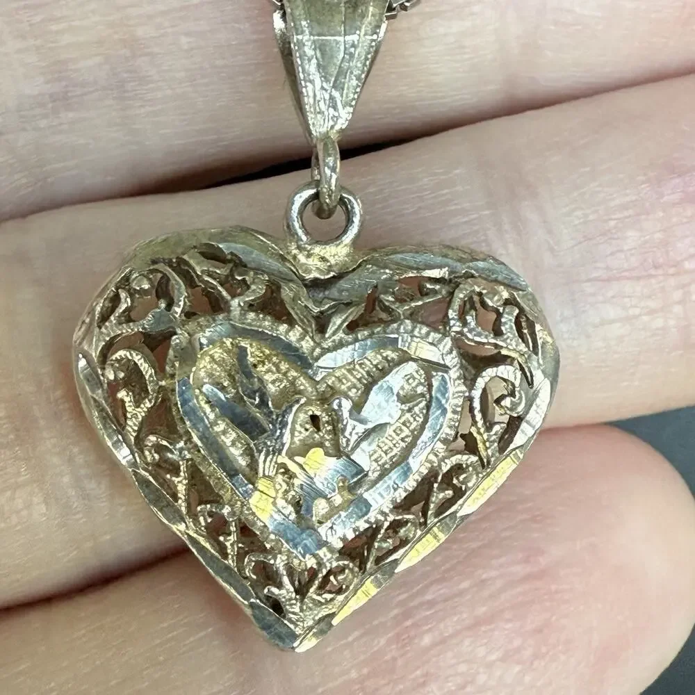 VTG STERLING SILVER 20” Chain Necklace DIAMOND CUT HEART PENDANT Filigree Birds